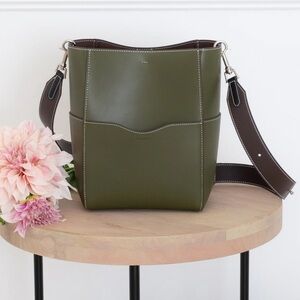 New Allyn Olive Green Leather Bucket Bag with 2 straps.